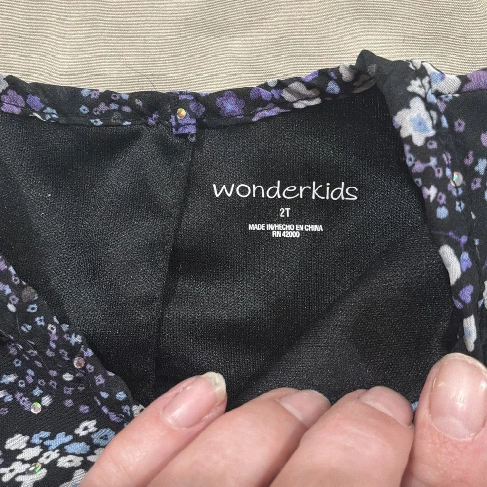 Wonder Kids Two Piece Set Floral‎ Glittery Dress Matching Pants Purple Black 2t